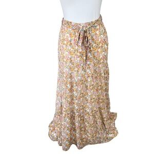 Lush Flowy Cottagecore Feminine Spring‎ Butter Yellow Floral Tiered Maxi Skirt S